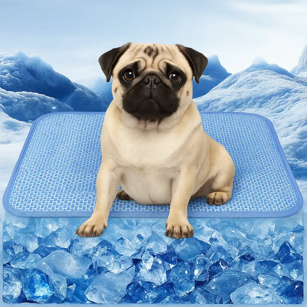 A fawn-colored pug sitting on a blue cooling mat with an icy, frozen landscape in the background, representing a cooling dog bed for hot weather.