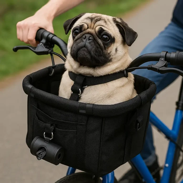 A fawn-colored pug sitting comfortably inside a black dog carrier basket attached to the front of a bicycle.