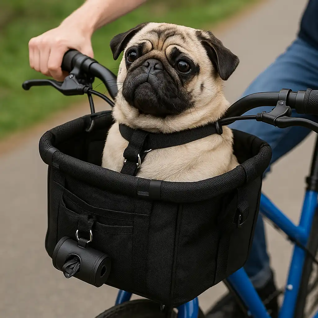 A fawn-colored pug sitting comfortably inside a black dog carrier basket attached to the front of a bicycle.