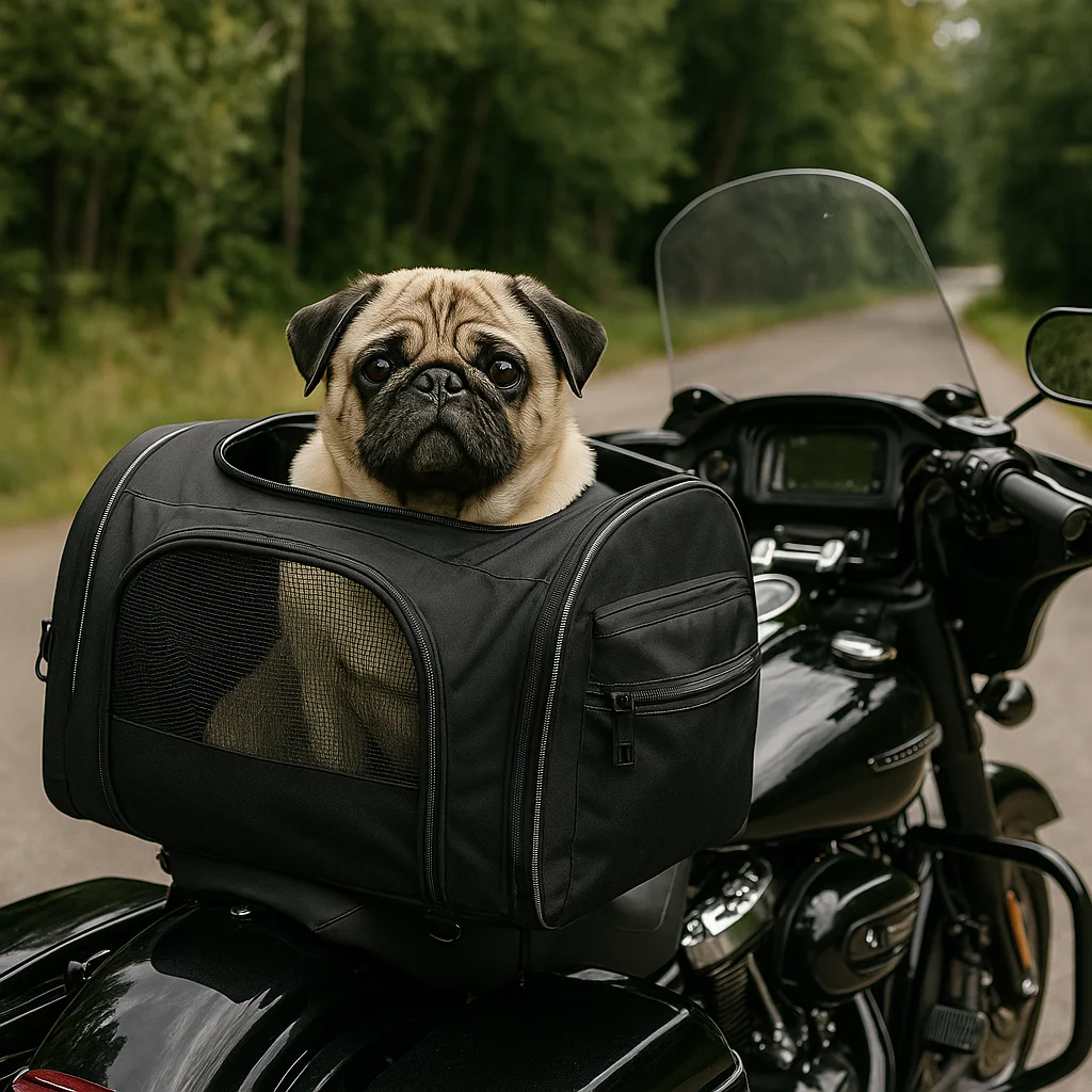 A pug sitting inside a black mesh dog carrier mounted on the back seat of a parked motorcycle.