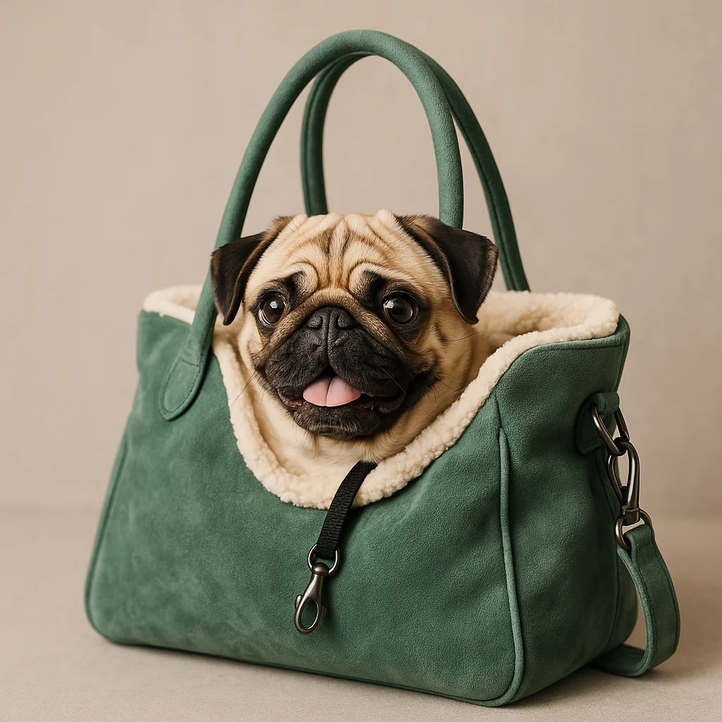 A happy pug peeks out of a stylish green dog carrier purse with dark handles, set against a neutral indoor background.