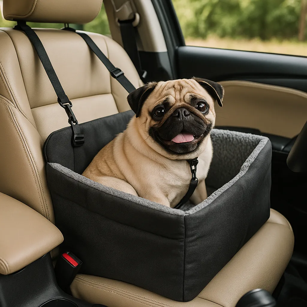 A fawn-colored pug sits comfortably inside a black car booster seat secured in a beige car interior, with green scenery visible outside.