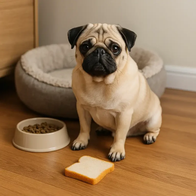 A fawn-colored pug sits on a hardwood floor beside a slice of bread, a beige dog bowl filled with kibble, and a plush gray dog bed in a cozy home setting.