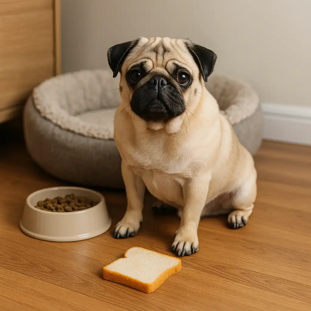 A fawn-colored pug sits on a hardwood floor beside a slice of bread, a beige dog bowl filled with kibble, and a plush gray dog bed in a cozy home setting.