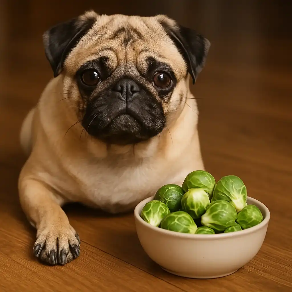 A fawn pug sitting on a wooden floor in front of a bowl filled with fresh Brussels sprouts, looking up with a curious expression.