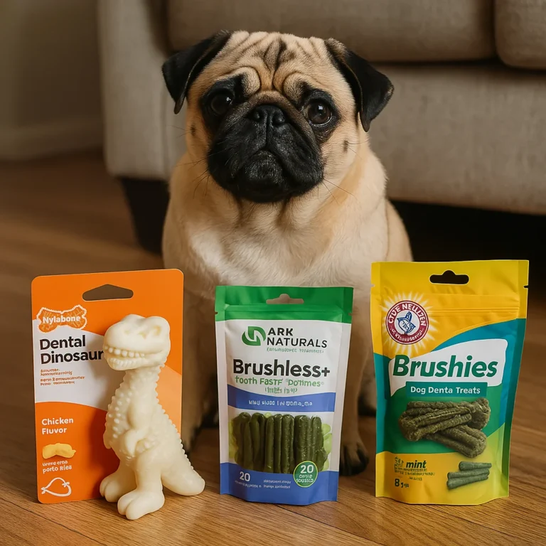 A fawn-colored pug sits on a wooden floor in front of three dental chew products: Nylabone Dental Dinosaur, Ark Naturals Brushless Toothpaste, and Arm & Hammer Brushies Dog Dental Treats.