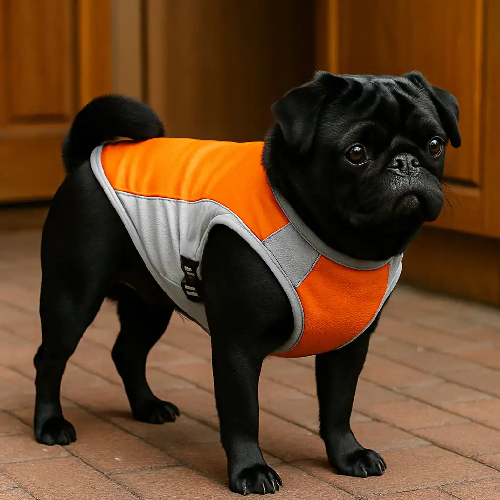 A black pug wearing a lightweight cooling vest.