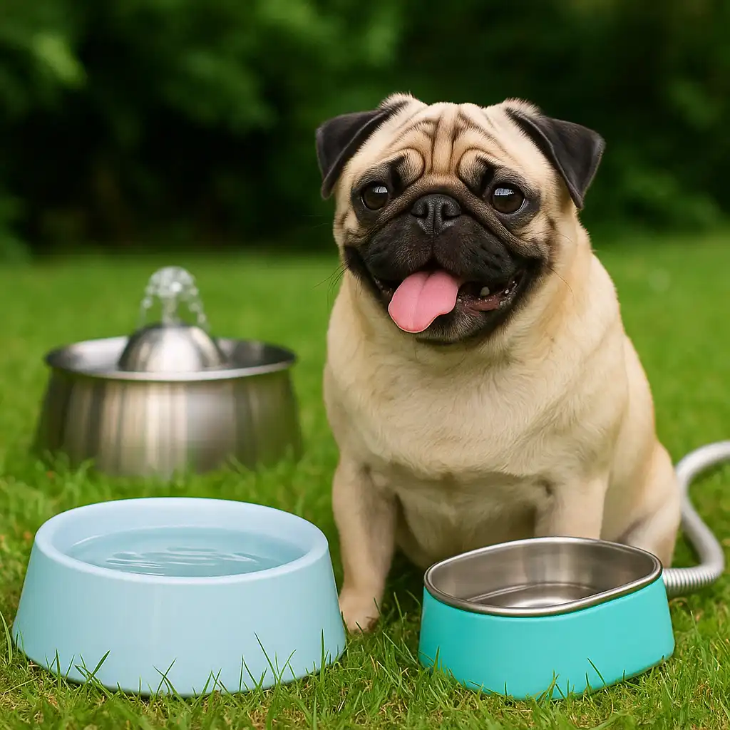 A fawn-colored adult pug sitting beside a stainless steel water bowl outdoors on a sunny day.