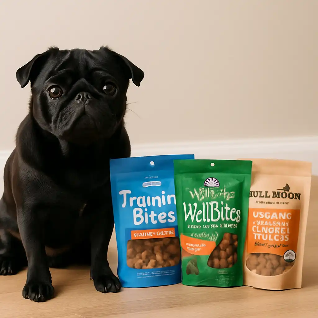 A black pug sitting next to three bags of popular vet-recommended dog food brands on a neutral background.