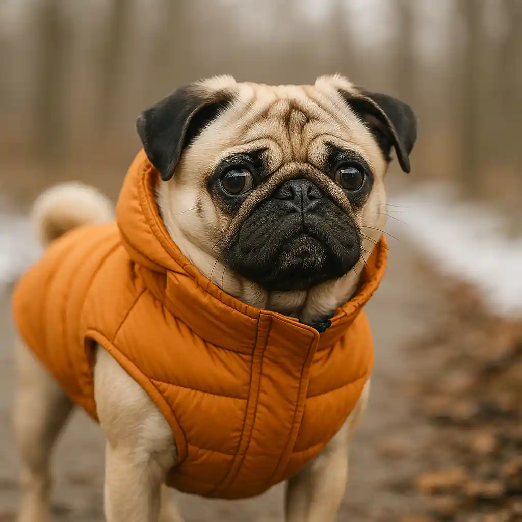 A fawn-colored pug stands outdoors wearing a snug winter coat, surrounded by soft snow and natural light, showcasing warmth and comfort in cold weather.