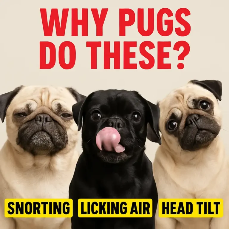 A realistic digital image featuring a fawn pug and a black pug with bold red title text "Why Pugs Do That?" — designed as an eye-catching thumbnail for a blog post about common pug behaviors.