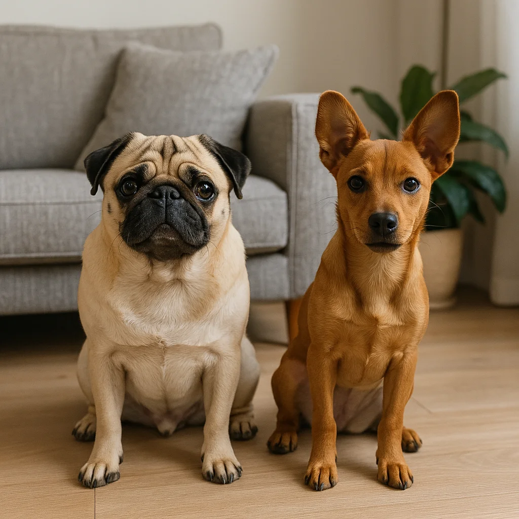 A pug and a small brown dog sitting side by side on a living room floor in front of a gray sofa.