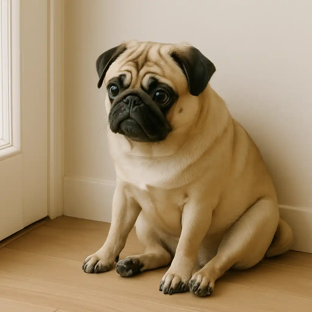 A pug sitting by a door with a sad, anxious expression, waiting quietly on the floor.