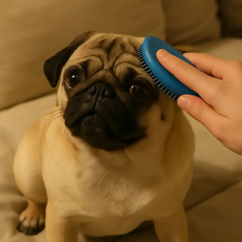 A fawn-colored pug sits calmly on a beige couch while being brushed with a blue rubber grooming brush by a human hand.