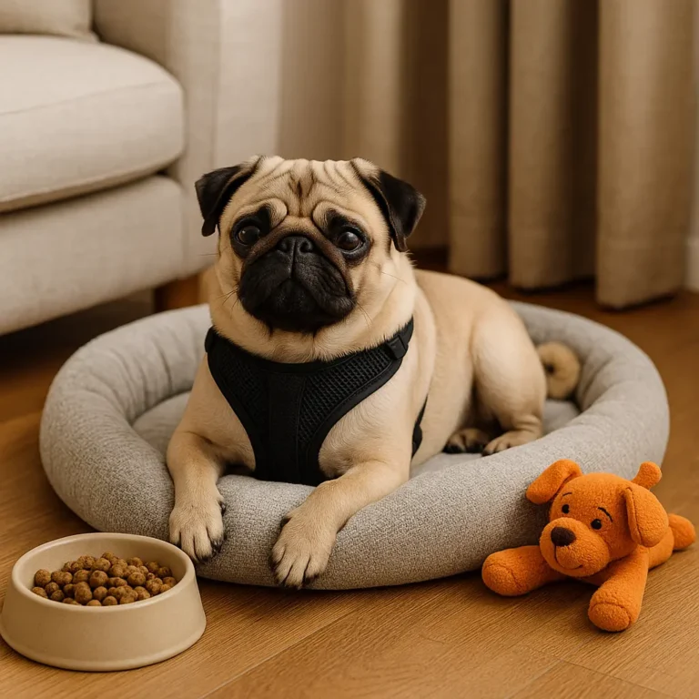 A fawn-colored pug relaxing in a cozy dog bed beside a slow feeder bowl and plush toy, with a harness and leash nearby—ideal setup for a new pug owner.