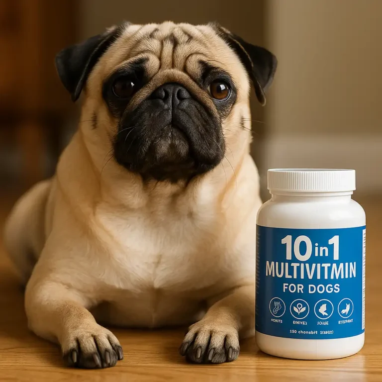 Fawn-colored pug sitting on a wooden floor next to a white bottle labeled "10 in 1 Multivitamin for Dogs."