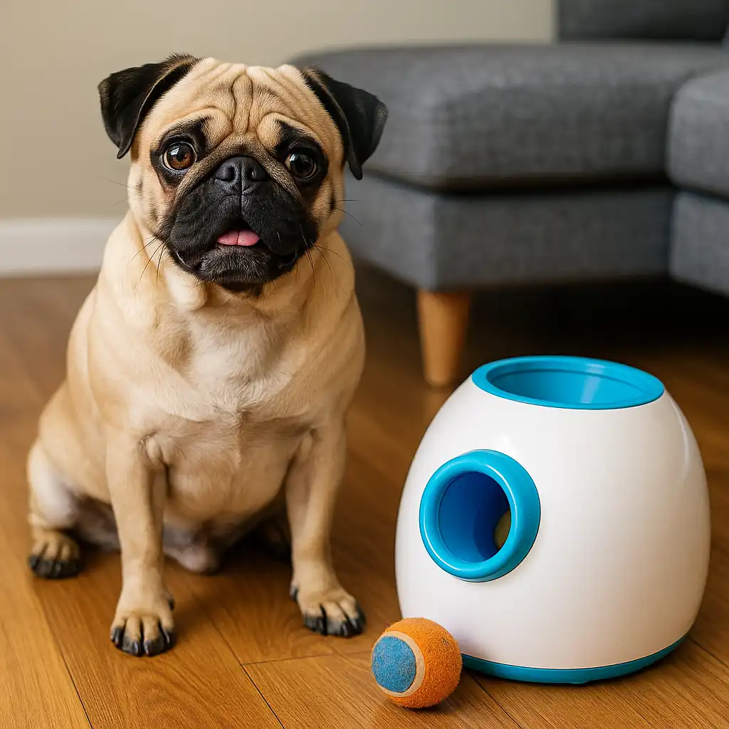 A tan-colored adult pug sits on a hardwood floor beside a white automatic ball launcher with a blue opening and an orange-blue tennis ball in front.