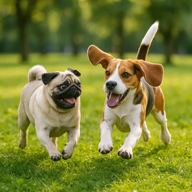 A pug and a beagle running side by side across a sunlit grassy park, both dogs appearing joyful and energetic with trees softly blurred in the background.