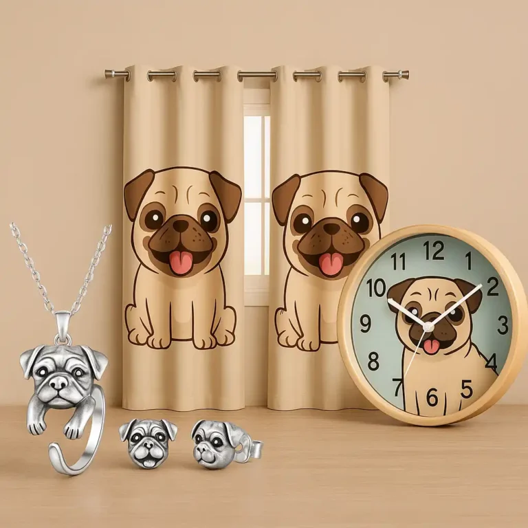 Three pug-themed gift items on a soft fabric surface: a sterling silver pug jewelry set, cartoon pug curtains, and a modern wall clock with a pug illustration.