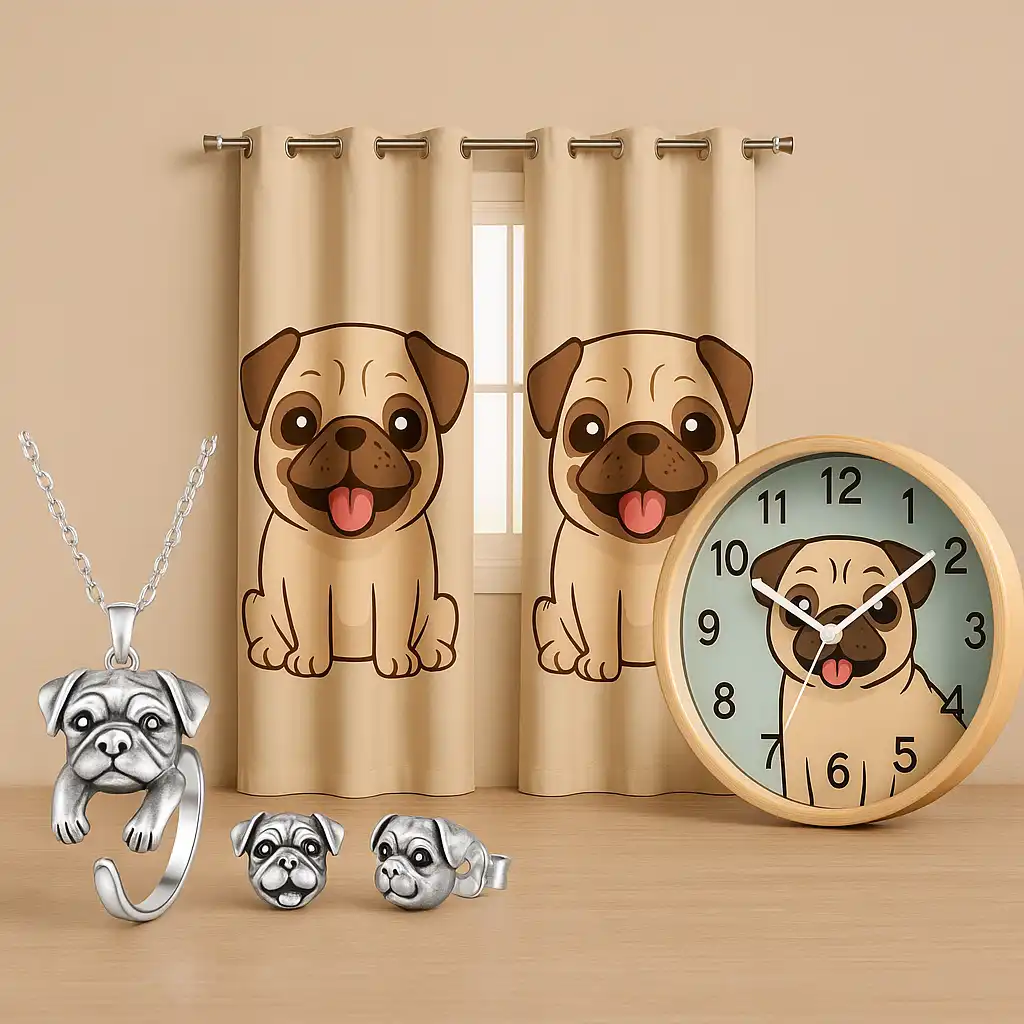 Three pug-themed gift items on a soft fabric surface: a sterling silver pug jewelry set, cartoon pug curtains, and a modern wall clock with a pug illustration.