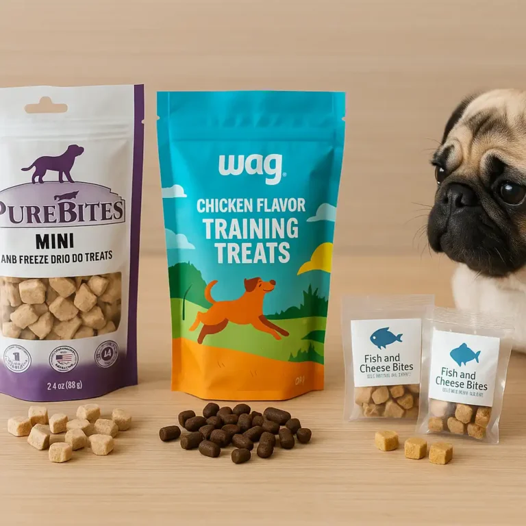 A photograph displays three different types of dog treats on a wooden surface: freeze-dried lamb cubes, small chicken-flavored training bites, and fish-and-cheese treats, ideal for small breeds like pugs.