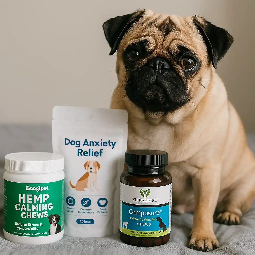 A fawn-colored pug sitting on a couch beside a container of calming dog supplements, with a relaxed expression and a cozy home background.