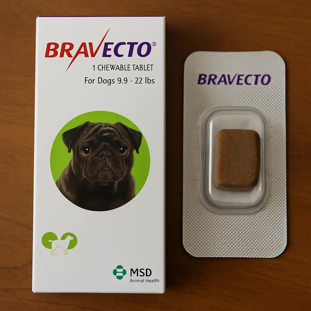 A Bravecto product box for small dogs featuring a black pug illustration, placed beside a blister pack containing a single chewable tablet on a wooden surface.