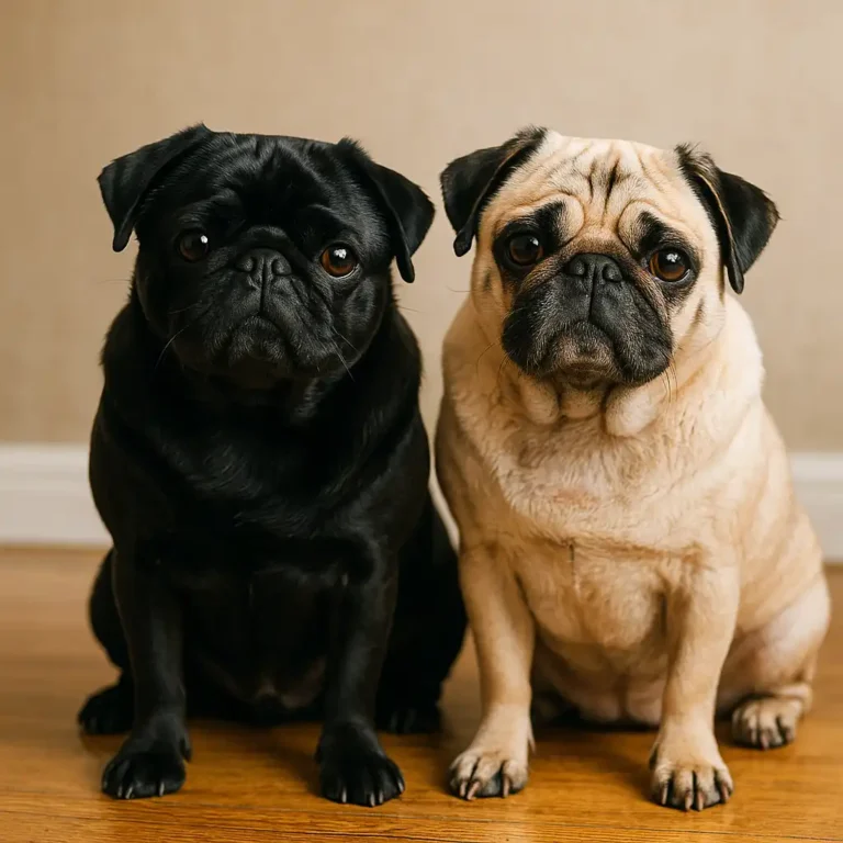 A black pug and a fawn pug sitting side by side on a wooden floor, both looking directly at the camera with expressive eyes against a neutral indoor background.