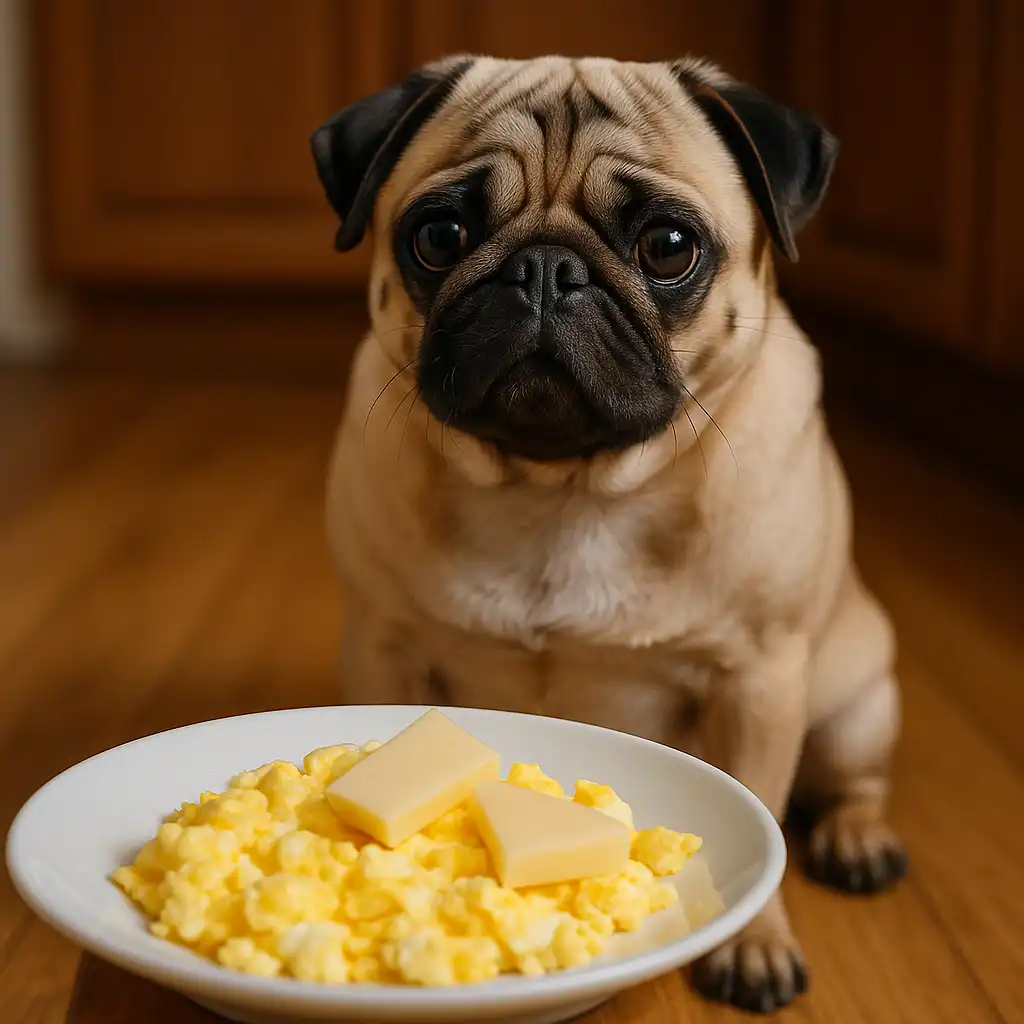 A fawn-colored pug sits on a hardwood kitchen floor, staring at a white plate filled with scrambled eggs and sliced cheese.