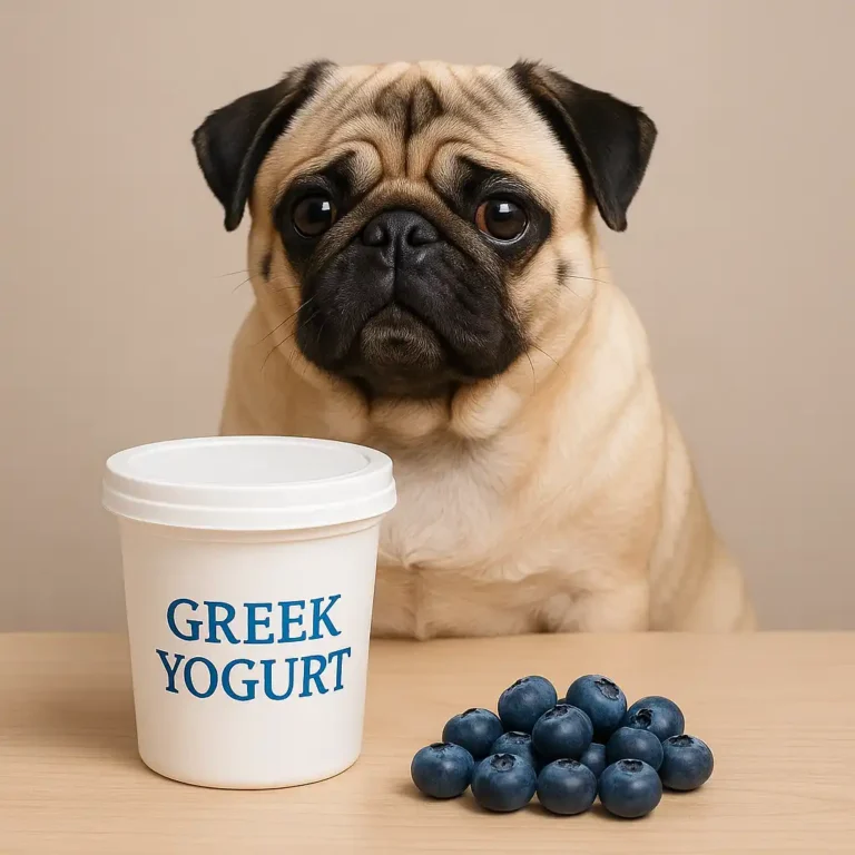 A fawn-colored pug sits next to a container of Greek yogurt and a small pile of blueberries on a white table.