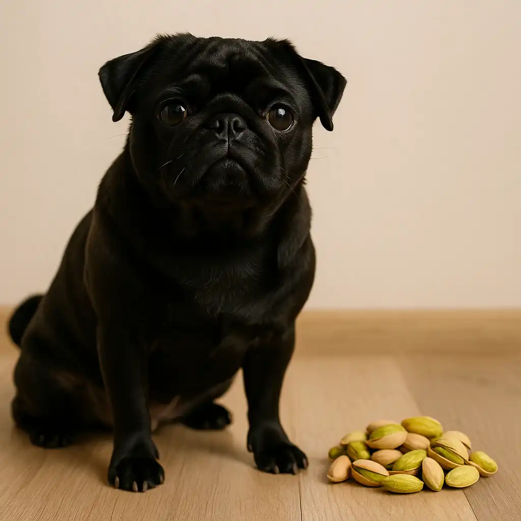 A photograph features a pug dog sitting on a light wooden floor beside a small pile of shelled pistachios, with soft natural lighting highlighting the scene.