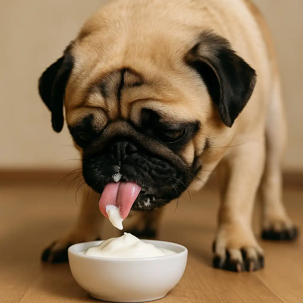 A fawn-colored pug licking a small dollop of plain Greek yogurt from a spoon indoors.