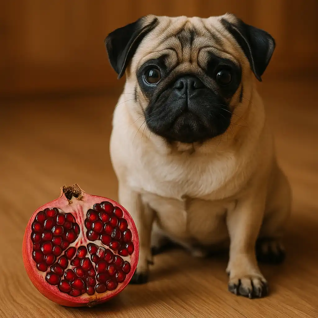 A close-up photograph features a fawn-colored pug sitting near a halved pomegranate, with bright red arils scattered on a light surface.