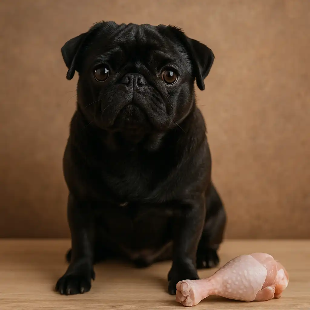A black pug sitting calmly on a light-colored couch, looking alert and curious.