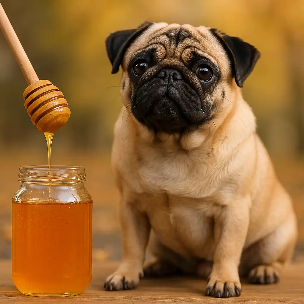 A photograph of a fawn-colored pug sitting next to a small jar of raw honey on a wooden surface, with natural sunlight highlighting the textures.