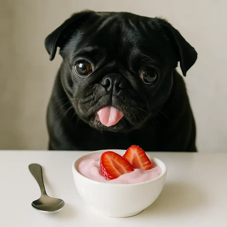 A black pug sitting at a white table, licking pink strawberry Greek yogurt from a small white bowl topped with fresh strawberry slices.