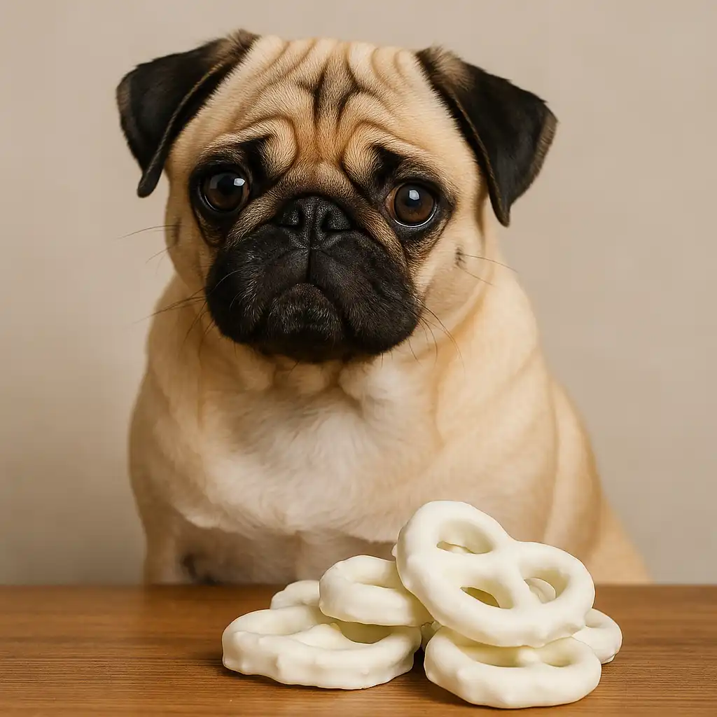 A fawn-colored pug sniffing a white chocolate covered pretzel on a wooden table.