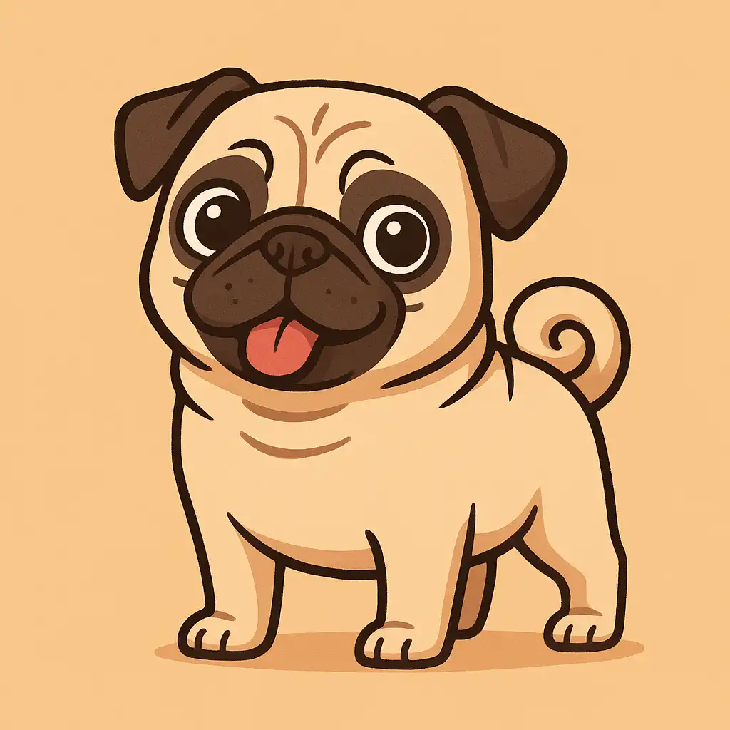 A digital illustration in cartoon style depicts a cheerful pug sitting with a bottle of omega-3 supplements, playfully tilting its head.