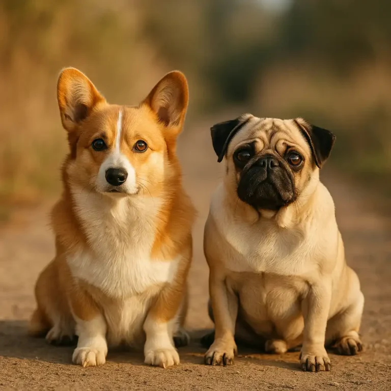 A Pembroke Welsh Corgi and a fawn Pug sitting side by side on a sunlit dirt trail, both looking at the camera with a warm, blurred natural background.