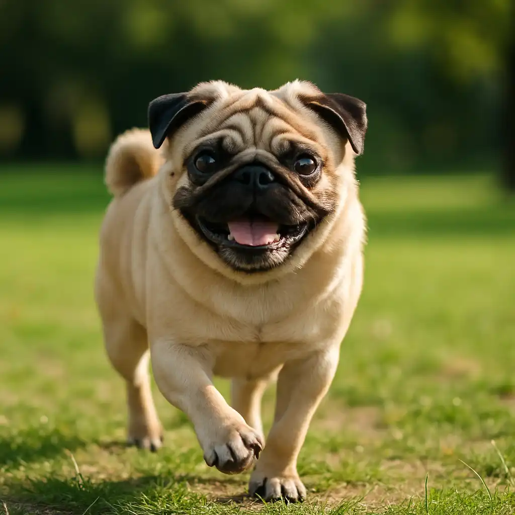 Fawn-colored pug running joyfully on green grass in a sunny park with a blurred natural background.