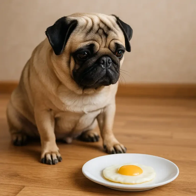 A pug with a wrinkled face and fawn-colored coat sits on a hardwood floor, focused on a plate with a single sunny-side-up egg.