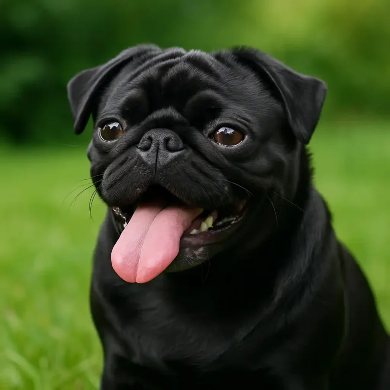 Black pug sitting on green grass with tongue out, looking happy and playful in a natural outdoor setting.