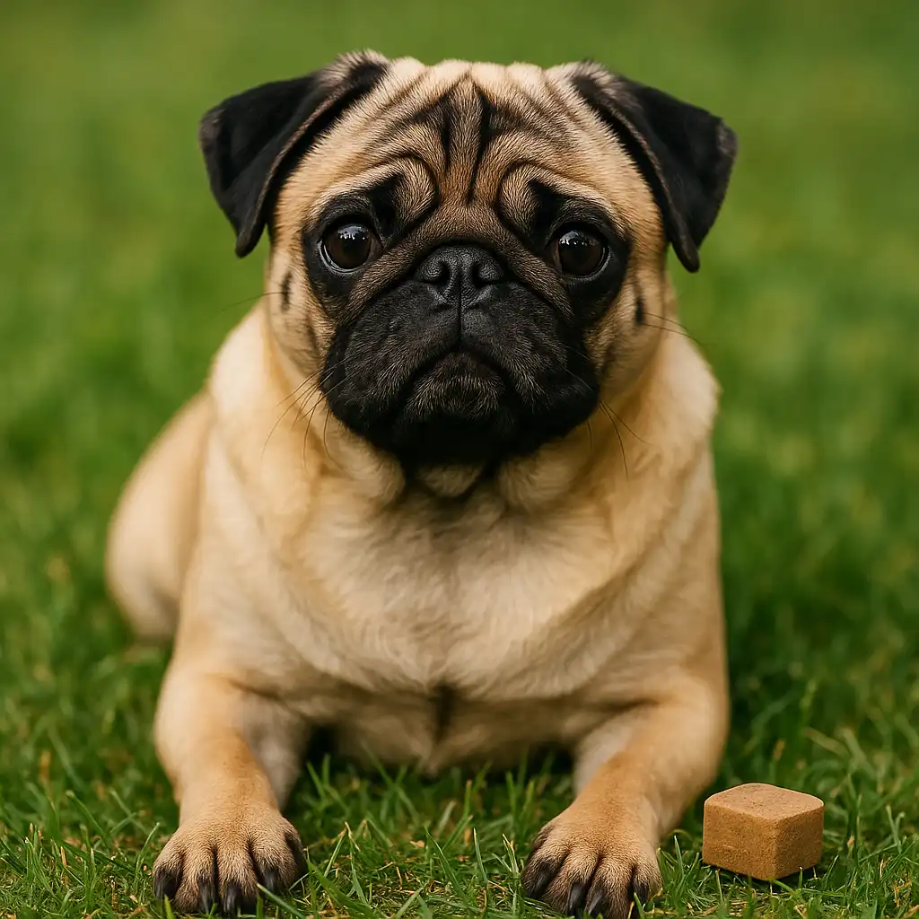 A pug sitting on a clean white surface beside a Bravecto chewable tablet and its product box, looking up with a calm expression in a bright studio setting.