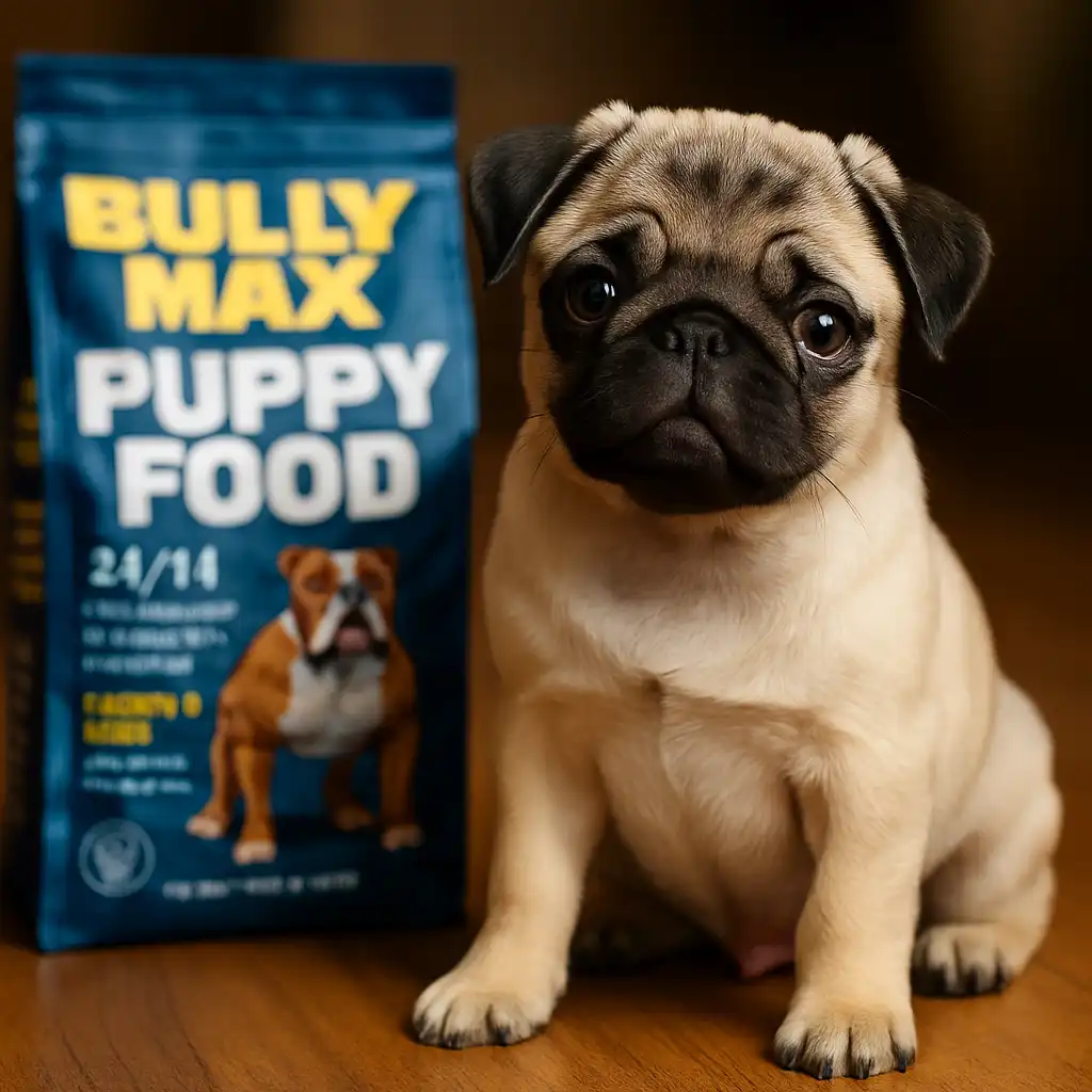 A photograph of a pug puppy sitting on a kitchen floor beside a small bowl of dry kibble, looking up with curiosity.