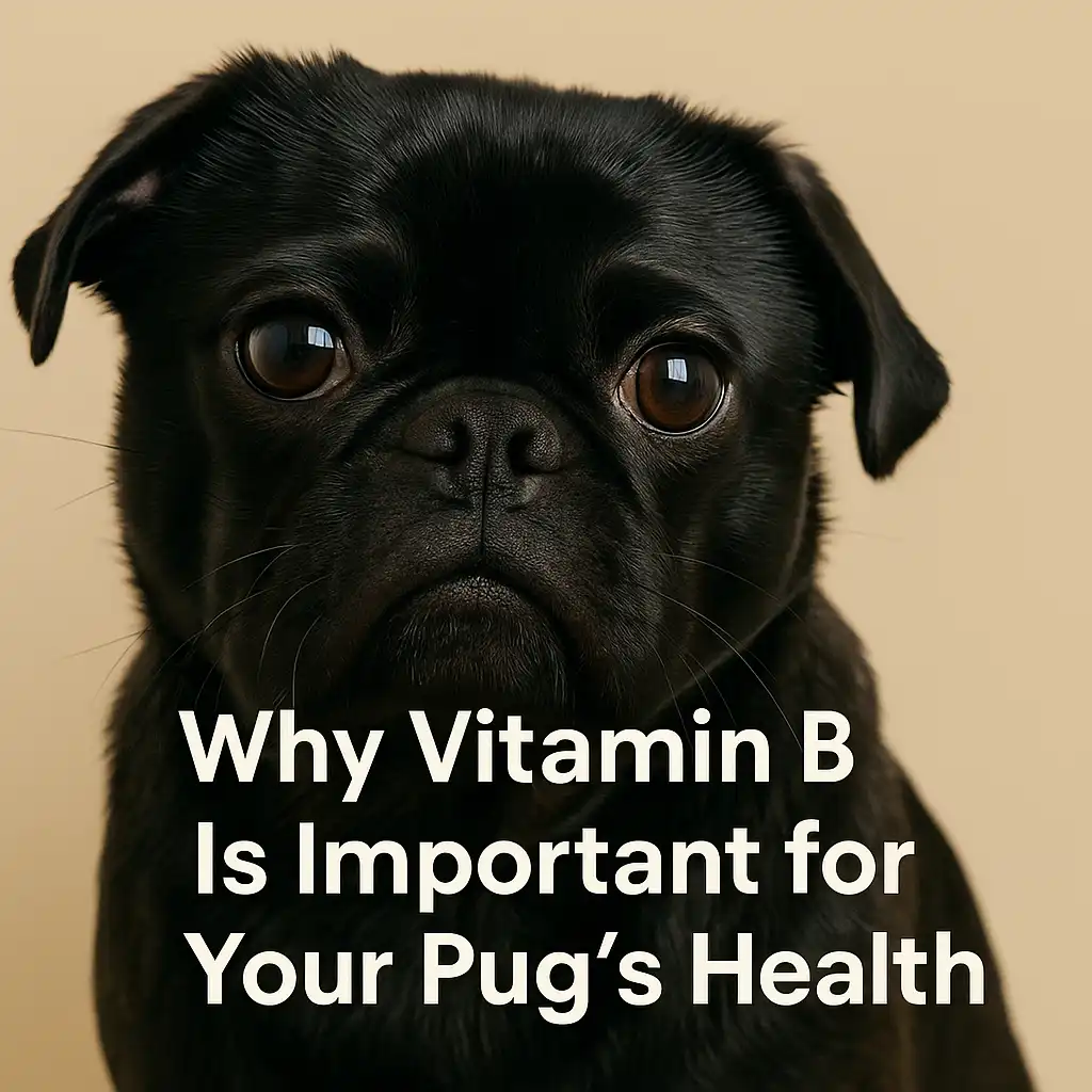 A black pug with a calm expression sits in front of a neutral background with informative text overlay about Vitamin B for dogs.