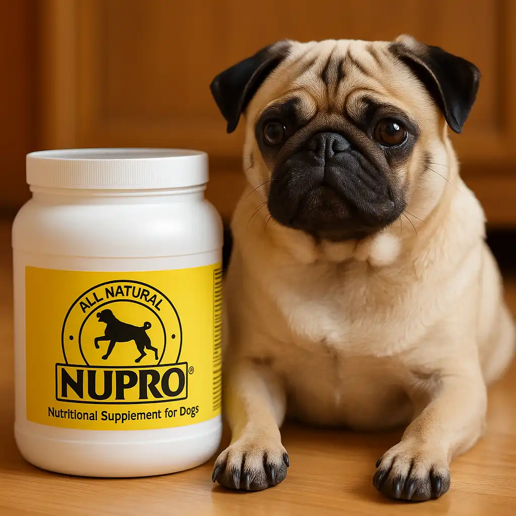 Fawn-colored pug sitting on a hardwood floor next to a white Nupro dog supplement container with a yellow label.