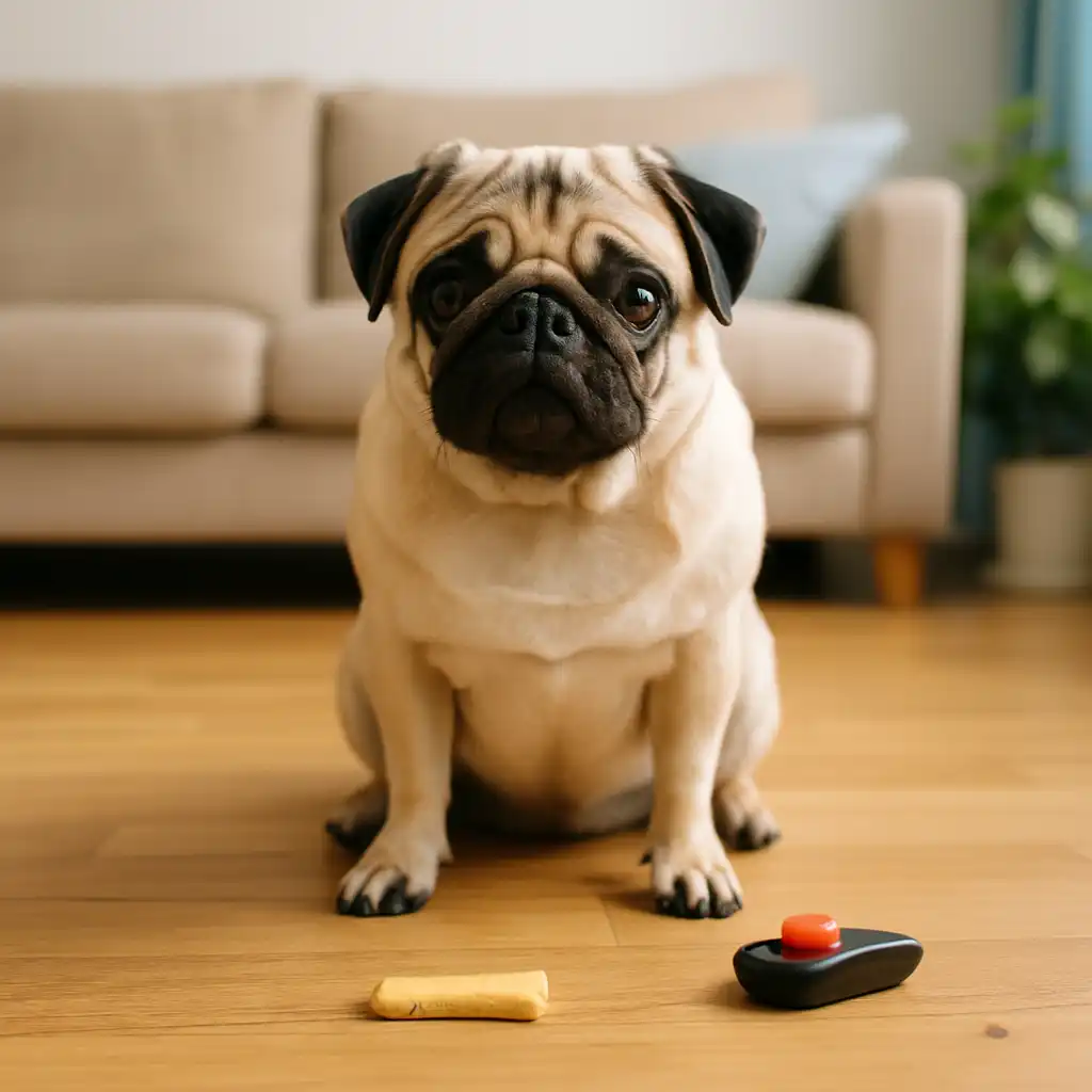 A fawn-colored pug with a wrinkled face sits on a hardwood floor in front of a treat and a training clicker, with a beige sofa and green plant in the background.