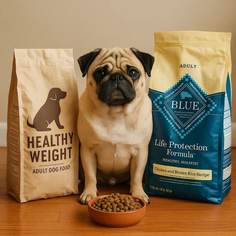 A beige adult pug sitting on a wooden floor between two dog food bags—one labeled “Healthy Weight” and the other “Blue Life Protection Formula”—with a bowl of kibble in front.