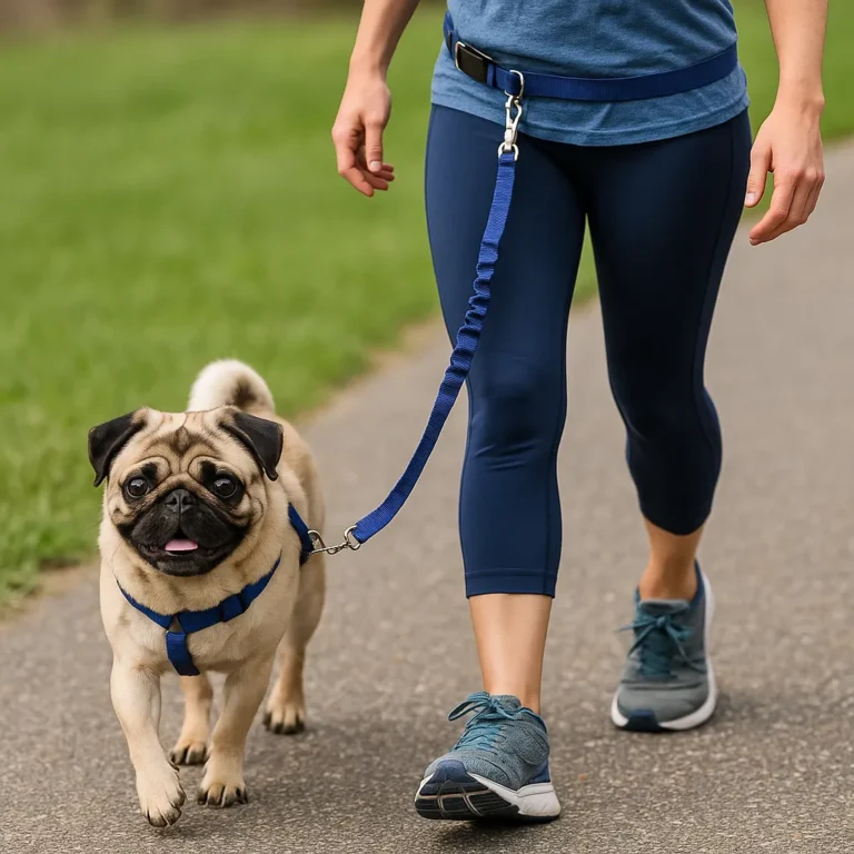A photograph taken during daytime shows a fawn-colored pug walking outdoors on a paved path with a hands-free dog leash attached to a person’s waist.
