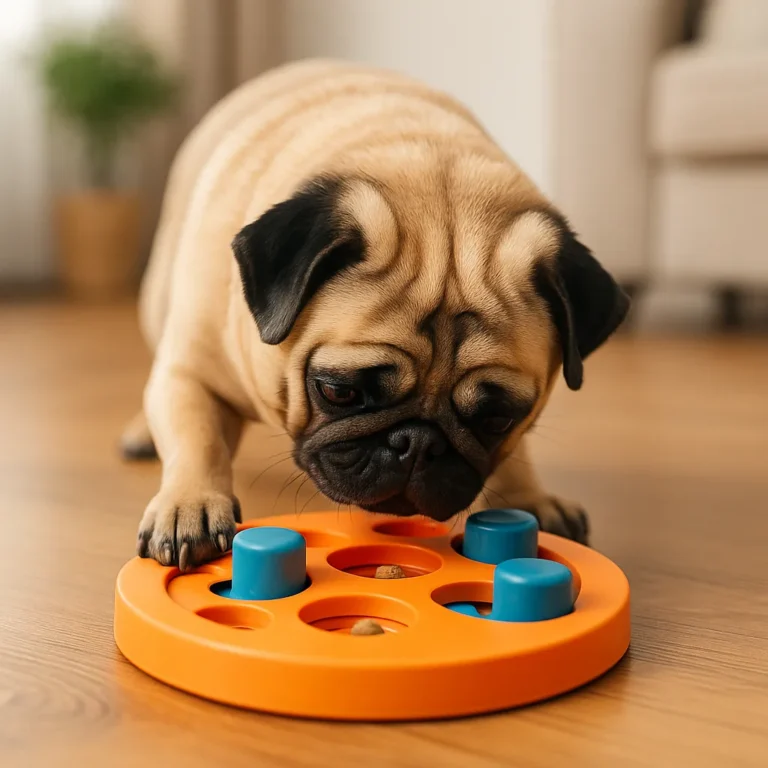 A fawn-colored adult pug with a wrinkled face sitting near a puzzle feeder on a hardwood floor, appearing curious and alert.
